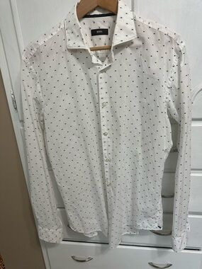Hugo Boss White Long-Sleeve Shirt with Blue Dot Pattern